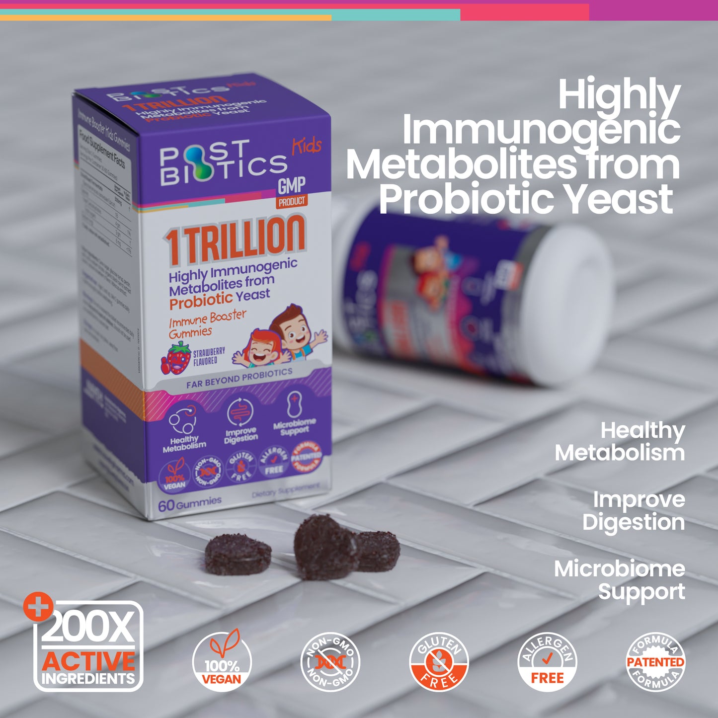 Product layout of Postbiotics 1 Trillion with capsules, box, and key health claims – U Better formula with probiotic yeast and metabolites.