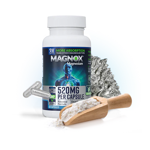 Magnox Magnesium supplement 520mg per capsule for improved absorption and muscle recovery, shown with magnesium powder, metallic element, and capsules – U Better performance formula.