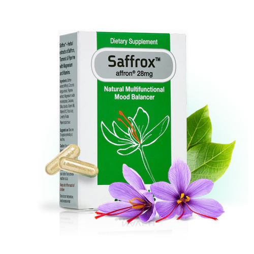 Saffrox natural mood balancer supplement with affron® 28mg, featuring saffron flowers, green leaves, and capsules – U Better emotional wellness.