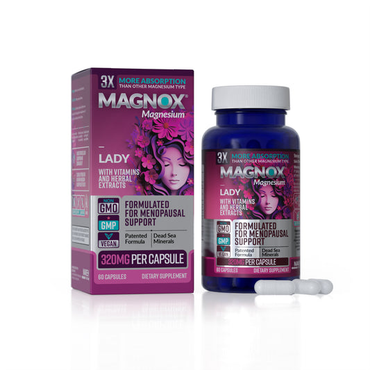 Front-facing image of Magnox Lady supplement bottle and box – targeted magnesium formula for women’s cycle balance and mood support.