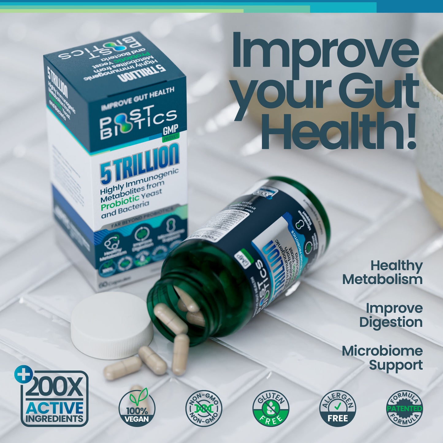 Postbiotics 5 Trillion supplement bottle with capsule, icons, and bold text "Improve Your Gut Health!" – U Better probiotic metabolite formula.