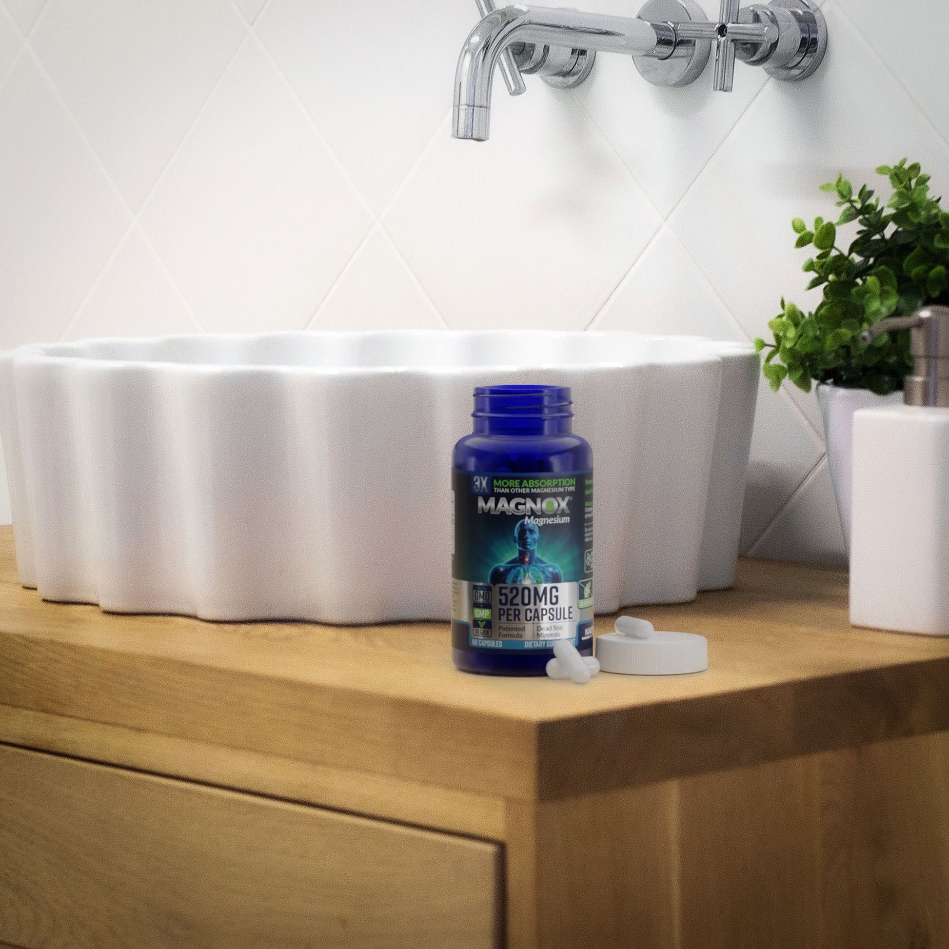 Magnox Magnesium 520mg supplement bottle on wooden table with a blurred wellness background – premium formula for muscle and sleep support by U Better.