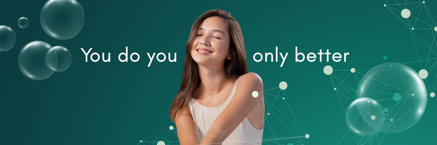 Smiling woman radiating calm and confidence, with slogan "You do you, only better" on teal tech-inspired background – U Better wellness and self-care brand.